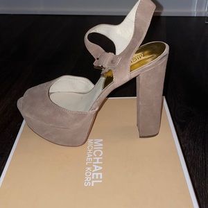 Michael Kors “London Open Toe” suede platform heels